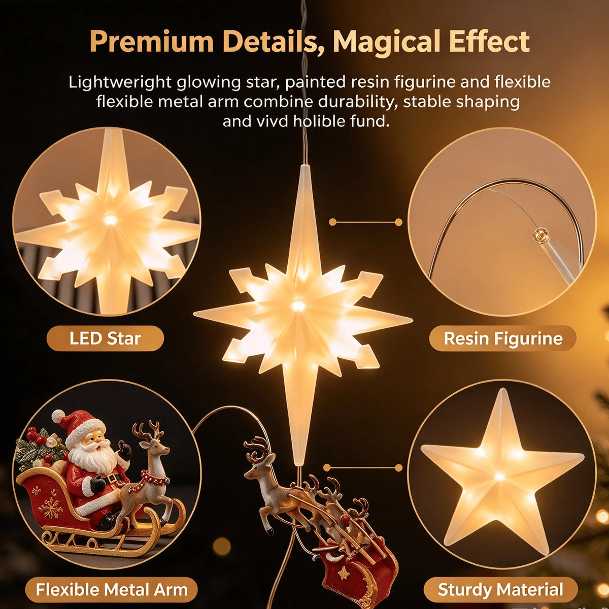 Lighted Christmas Tree Topper, Moravian Led Star With Bendable Metal Arm Santa Reindeer Sleigh Flying Ornament, Christmas Tree Top Holiday Decoration