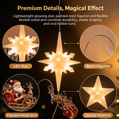 Lighted Christmas Tree Topper, Moravian Led Star With Bendable Metal Arm Santa Reindeer Sleigh Flying Ornament, Christmas Tree Top Holiday Decoration