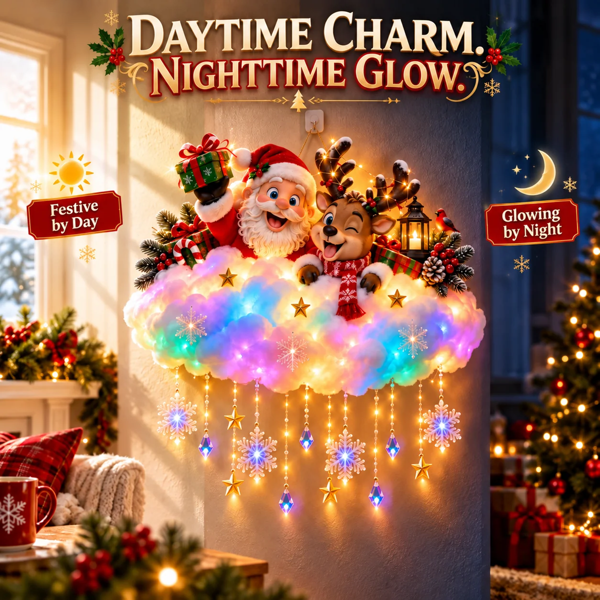 ✨ Santa & Reindeer Light-Up Christmas Cloud – A Holiday Story for Your Wall
