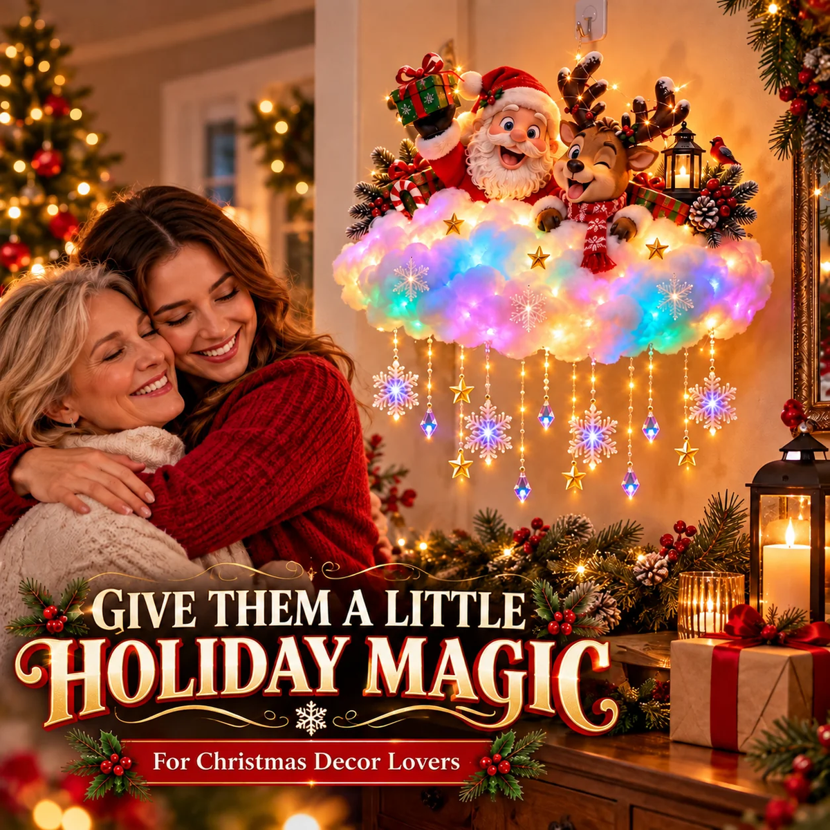 ✨ Santa & Reindeer Light-Up Christmas Cloud – A Holiday Story for Your Wall
