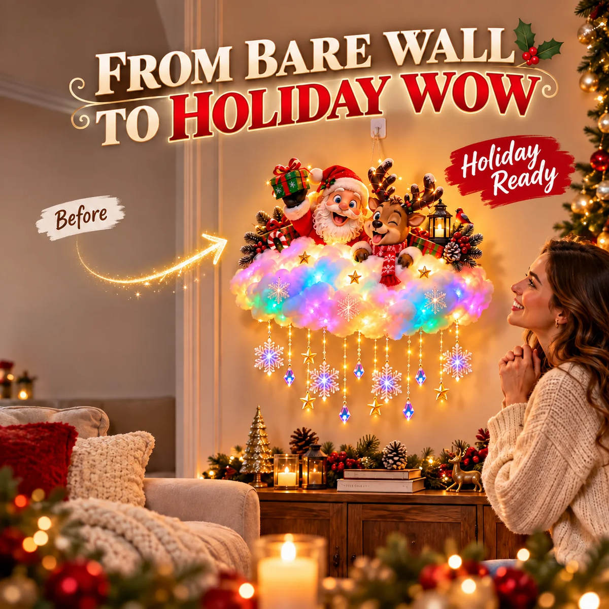 ✨ Santa & Reindeer Light-Up Christmas Cloud – A Holiday Story for Your Wall