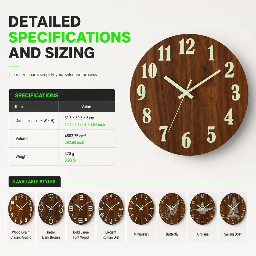 ⏳🔥limited-time 50% Off! ⏰12-inch Silent Wooden Wall Clock – Luminous Glow & Mdf Wood Grain✨
