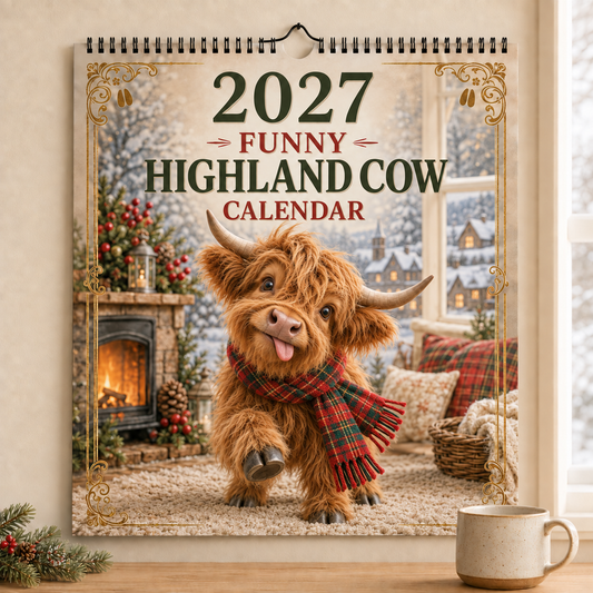 2027 A4  Funny Highland Cow Wall Calendar | Full‑Year of Goofy Fluffy Highland Cow Vibes
