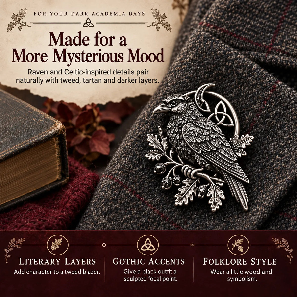 🐦‍⬛ Gothic Celtic Raven Brooch – Dark Academia Statement Pin