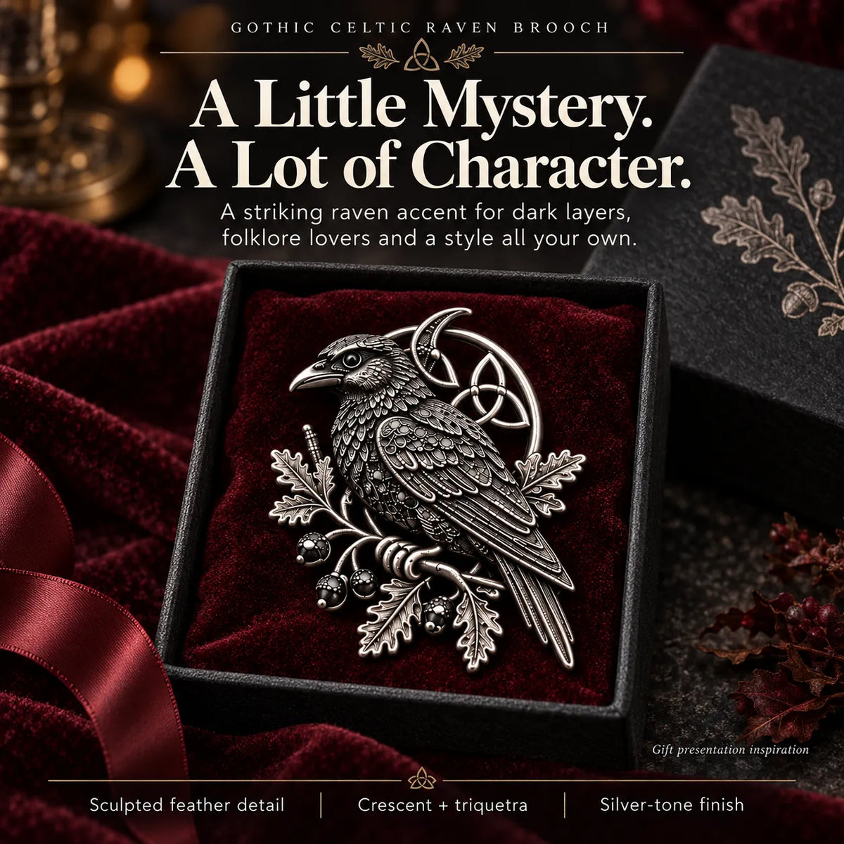 🐦‍⬛ Gothic Celtic Raven Brooch – Dark Academia Statement Pin