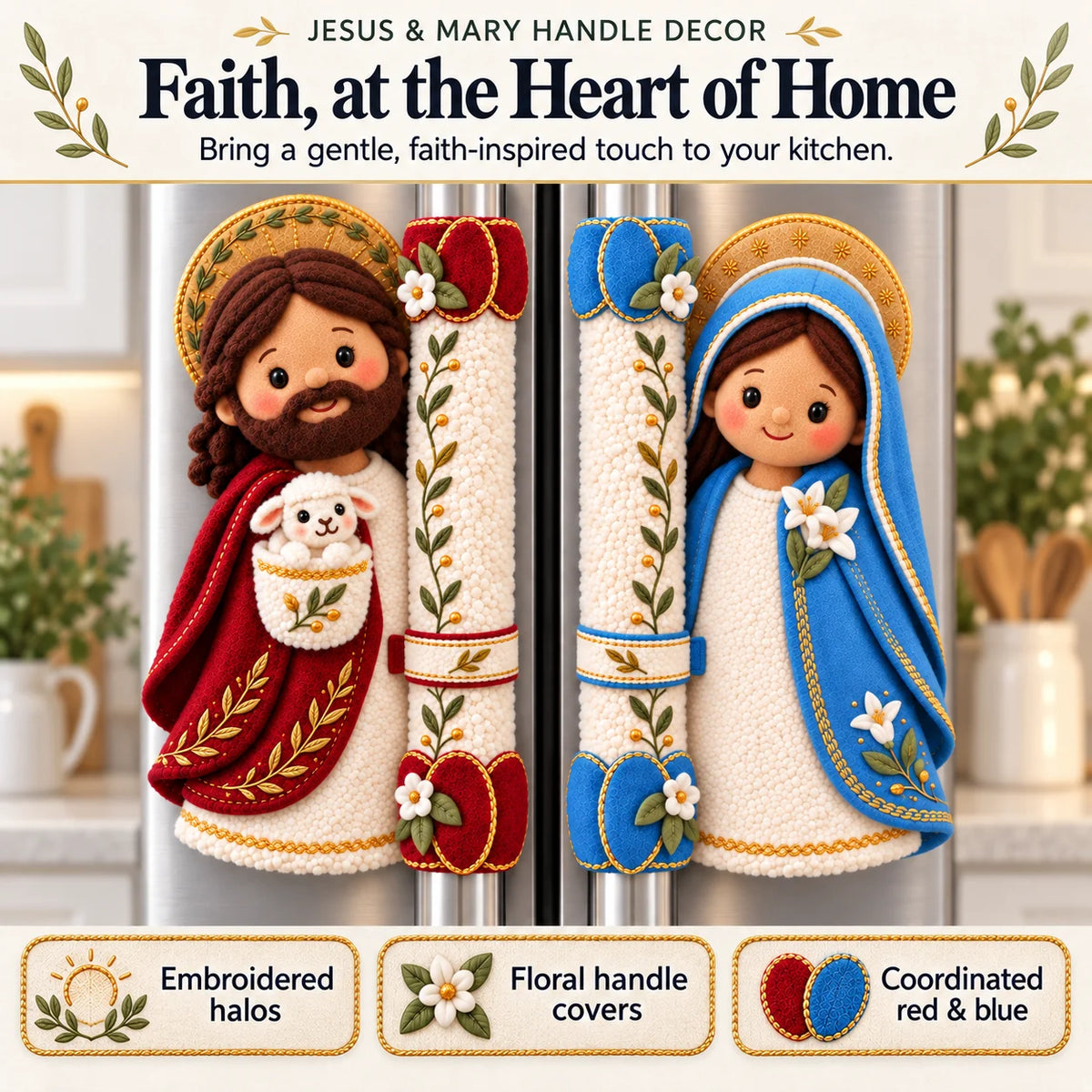 ⏳ Last Day 48% Off – ✝️ Jesus & Mary Plush Handle Huggers | Soft Faith-inspired Covers For Refrigerator Handles & Home Décor ❤️