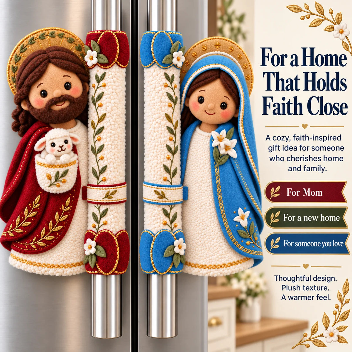 ⏳ Last Day 48% Off – ✝️ Jesus & Mary Plush Handle Huggers | Soft Faith-inspired Covers For Refrigerator Handles & Home Décor ❤️