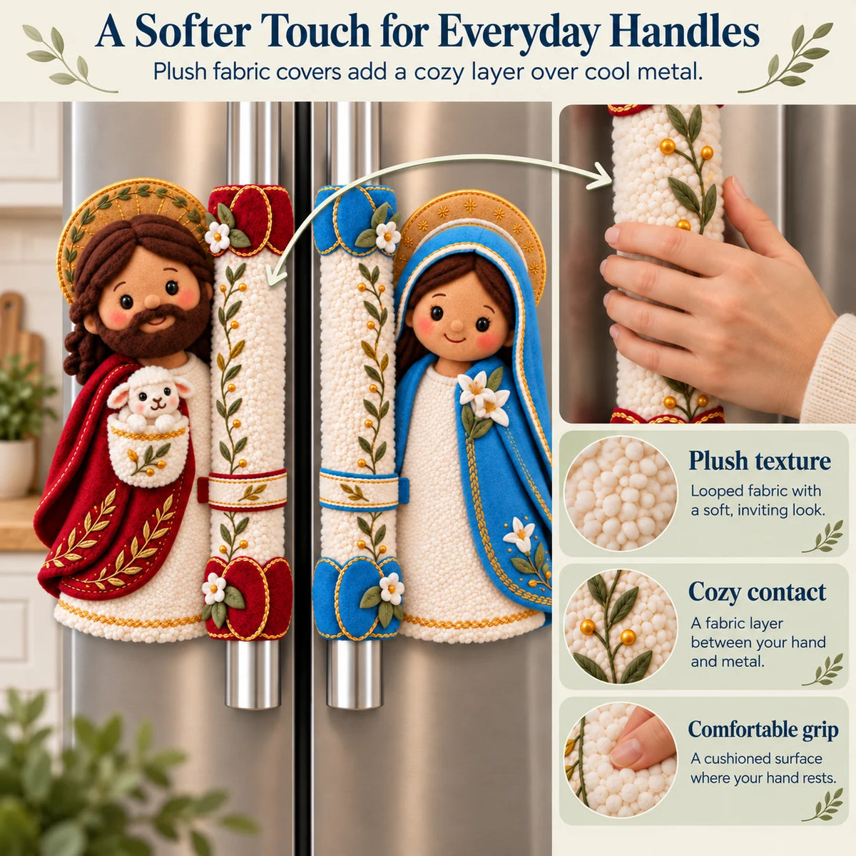 ⏳ Last Day 48% Off – ✝️ Jesus & Mary Plush Handle Huggers | Soft Faith-inspired Covers For Refrigerator Handles & Home Décor ❤️