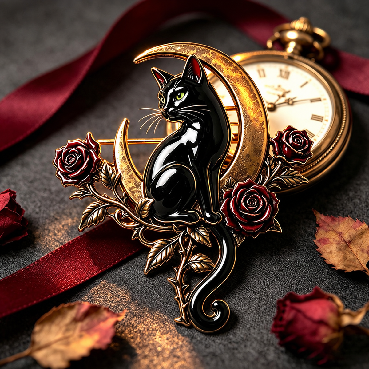 🖤🌙Black Cat & Crescent Moon Rose Brooch🐈‍⬛🌹