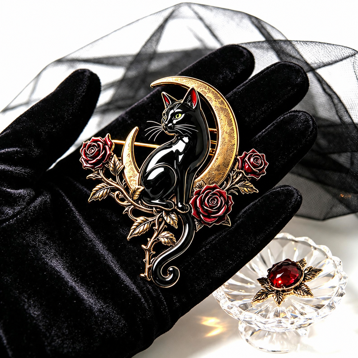 🖤🌙Black Cat & Crescent Moon Rose Brooch🐈‍⬛🌹