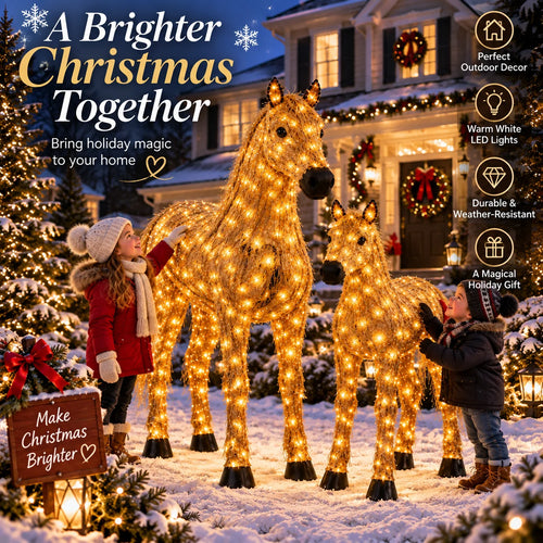 ✨🐎 Light-Up Christmas Horse & Foal Set – Warm White LED Holiday Display