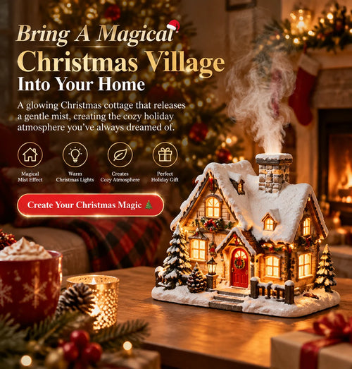 🎄 Christmas Cottage Humidifier with Fireplace Mist Effect & Warm Light – Magical Winter Atmosphere for Your Home