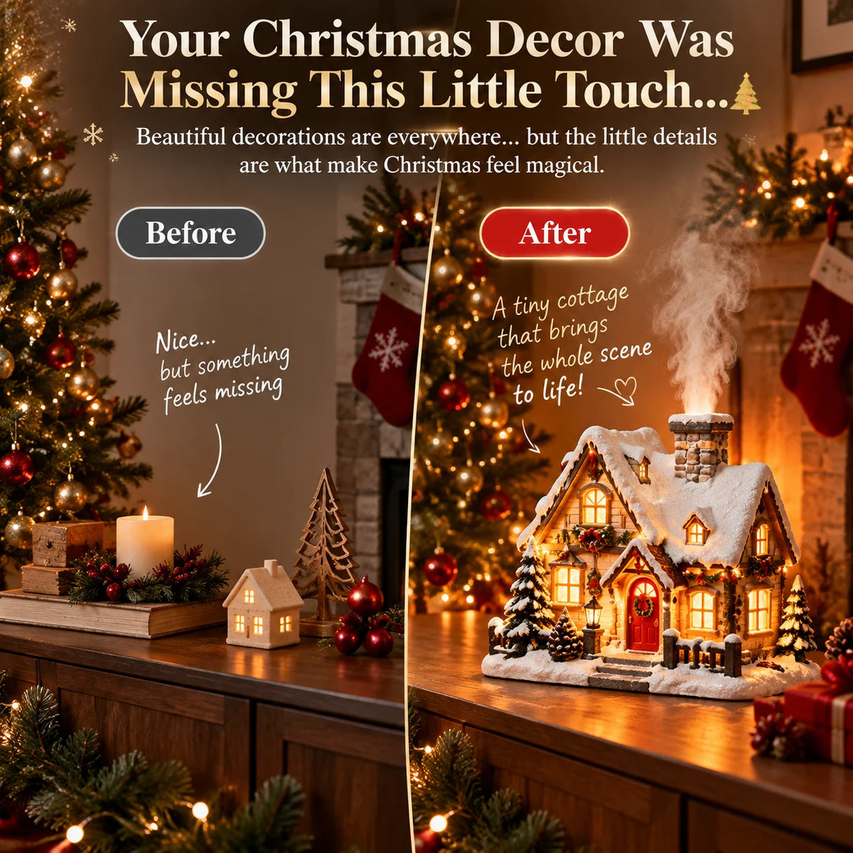 🎄 Christmas Cottage Humidifier with Fireplace Mist Effect & Warm Light – Magical Winter Atmosphere for Your Home