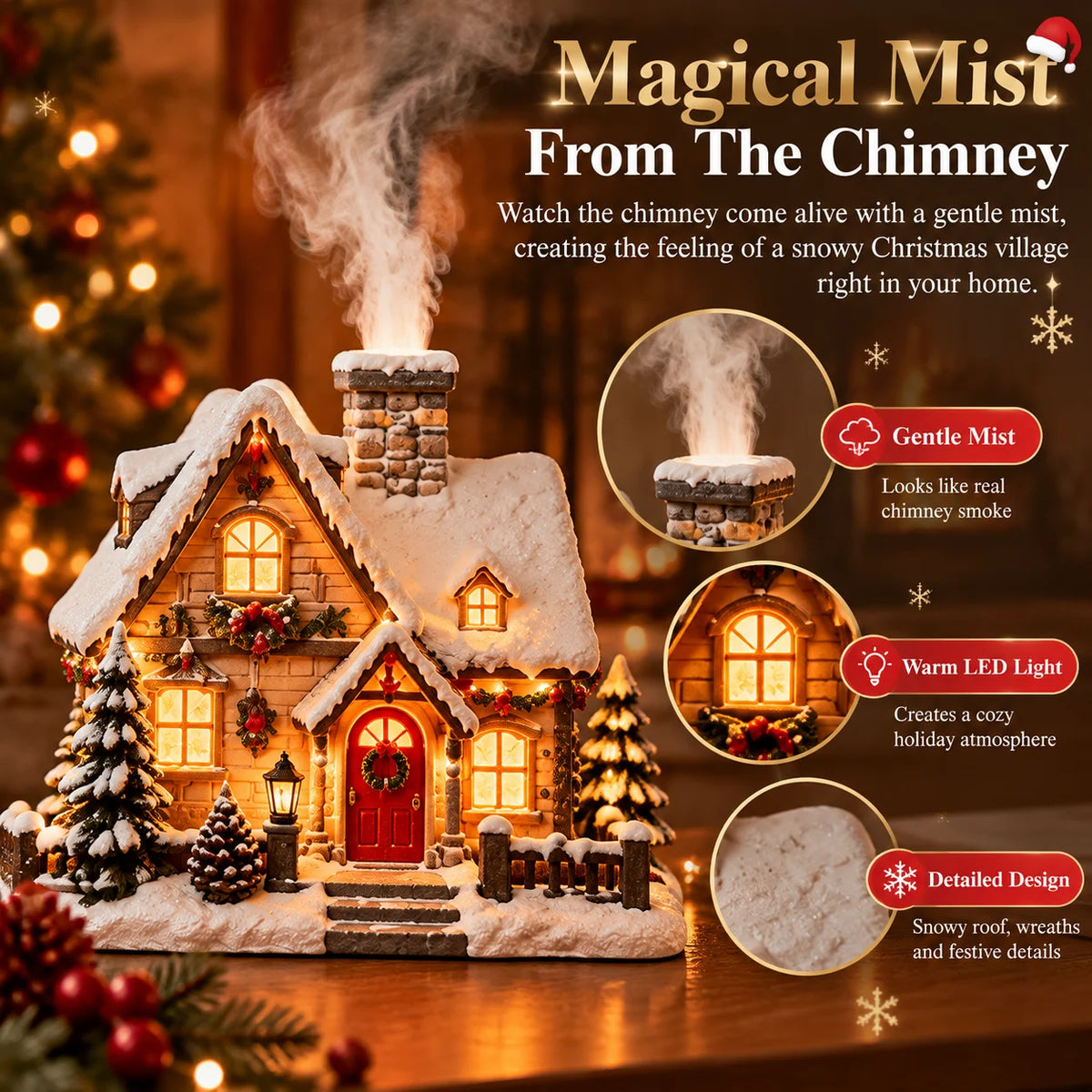 🎄 Christmas Cottage Humidifier with Fireplace Mist Effect & Warm Light – Magical Winter Atmosphere for Your Home