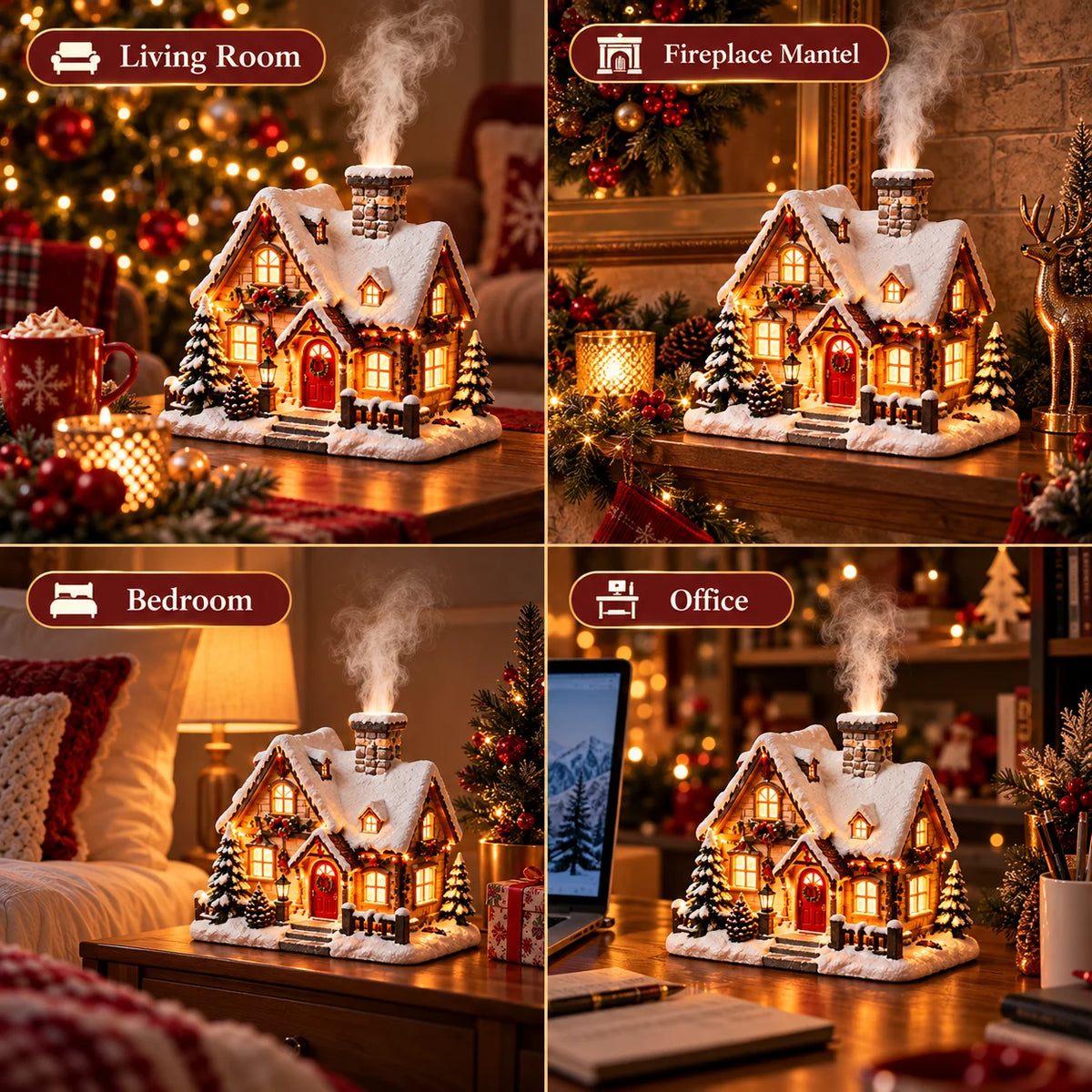 🎄 Christmas Cottage Humidifier with Fireplace Mist Effect & Warm Light – Magical Winter Atmosphere for Your Home