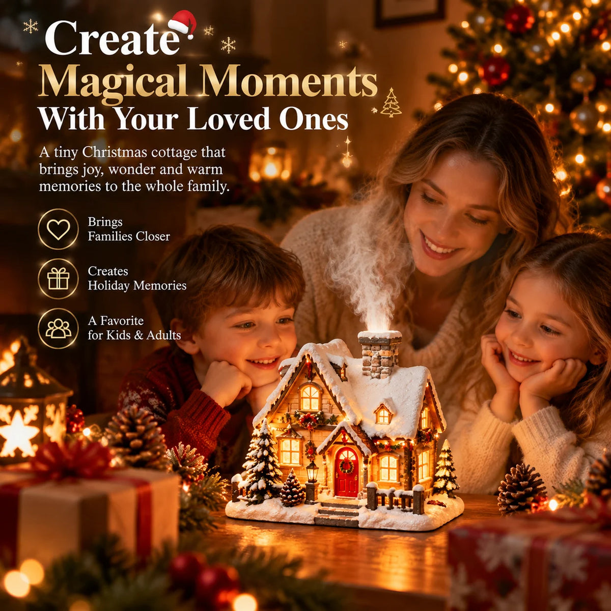 🎄 Christmas Cottage Humidifier with Fireplace Mist Effect & Warm Light – Magical Winter Atmosphere for Your Home