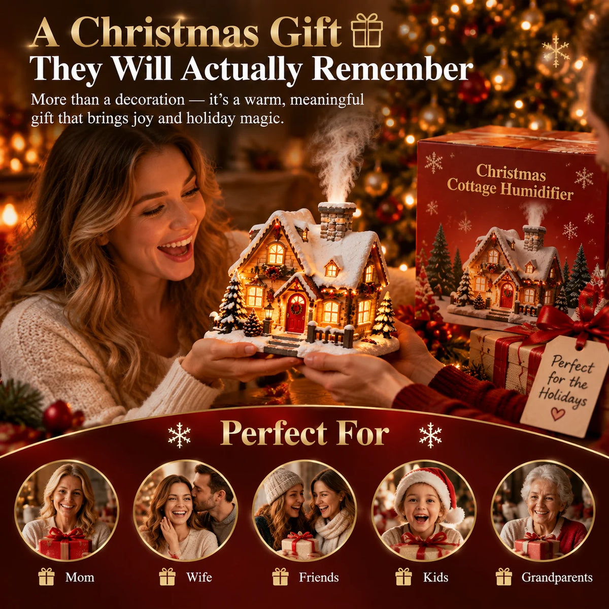 🎄 Christmas Cottage Humidifier with Fireplace Mist Effect & Warm Light – Magical Winter Atmosphere for Your Home