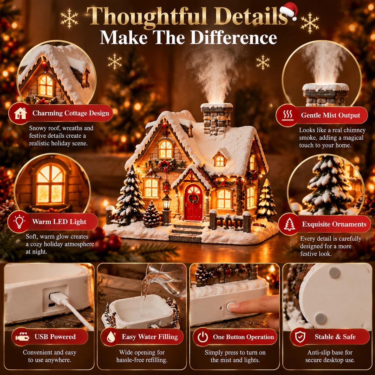 🎄 Christmas Cottage Humidifier with Fireplace Mist Effect & Warm Light – Magical Winter Atmosphere for Your Home