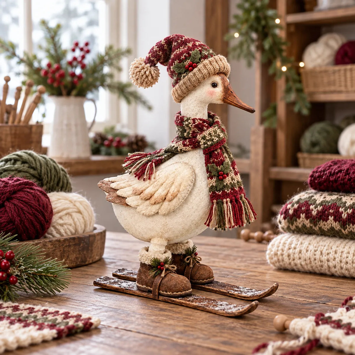 Vintage Christmas Skiing Goose Figurine wearing burgundy hat and scarf