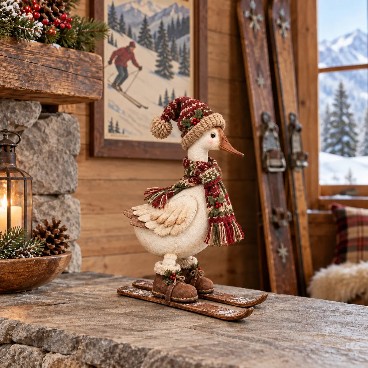 Vintage Christmas Skiing Goose Figurine in rustic mountain cabin setting