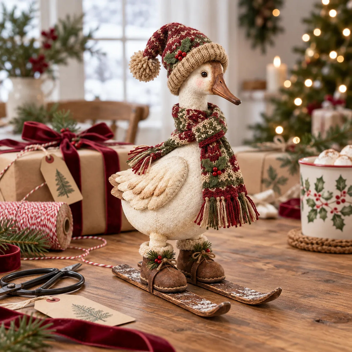 Vintage skiing goose beside wrapped Christmas gifts