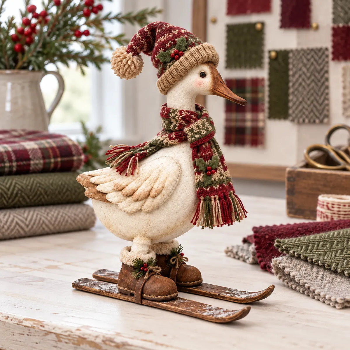 Vintage Christmas goose with burgundy olive and cream winter colors