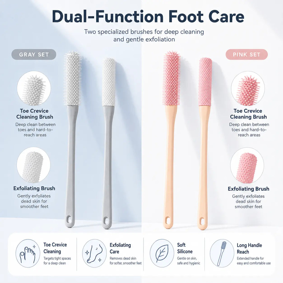 Long-handle Silicone Soft Pedicure Tool, Shower Foot Cleaning Brush For Toe Gap Skin Cleansing🦶🚿