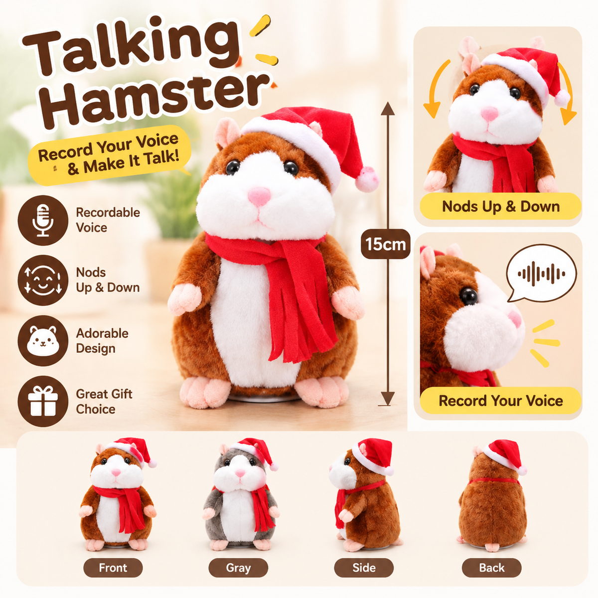 🐹 Last Day Special Price £13.99！✨Talking Hamster Plush – repeats whatever you say, auto head-shaking, hilarious fun for kids & adults.🎁