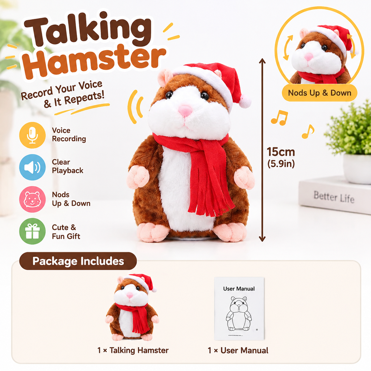 🐹 Last Day Special Price £13.99！✨Talking Hamster Plush – repeats whatever you say, auto head-shaking, hilarious fun for kids & adults.🎁