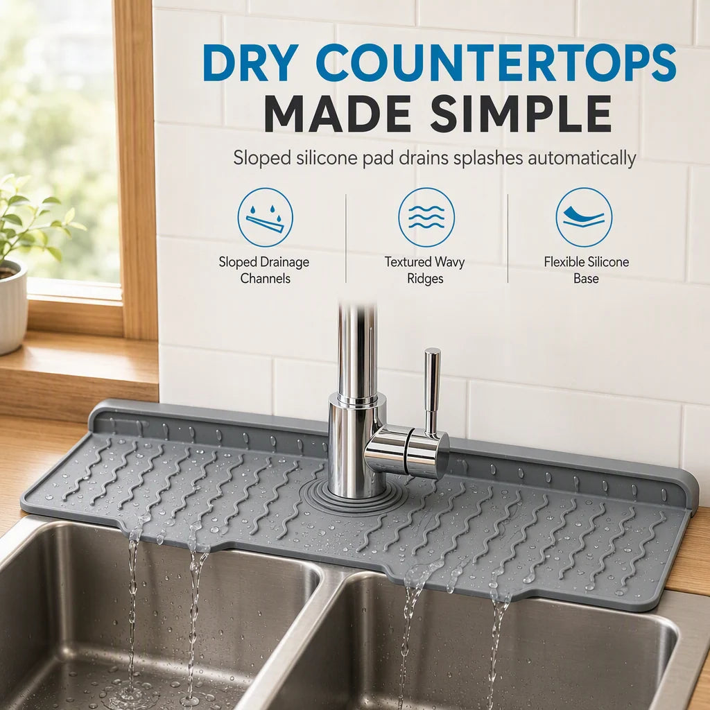 ⏳Time-Limited Special⏰Silicone Faucet Splash Guard Mat — Drain Fast, Cuttable🧽