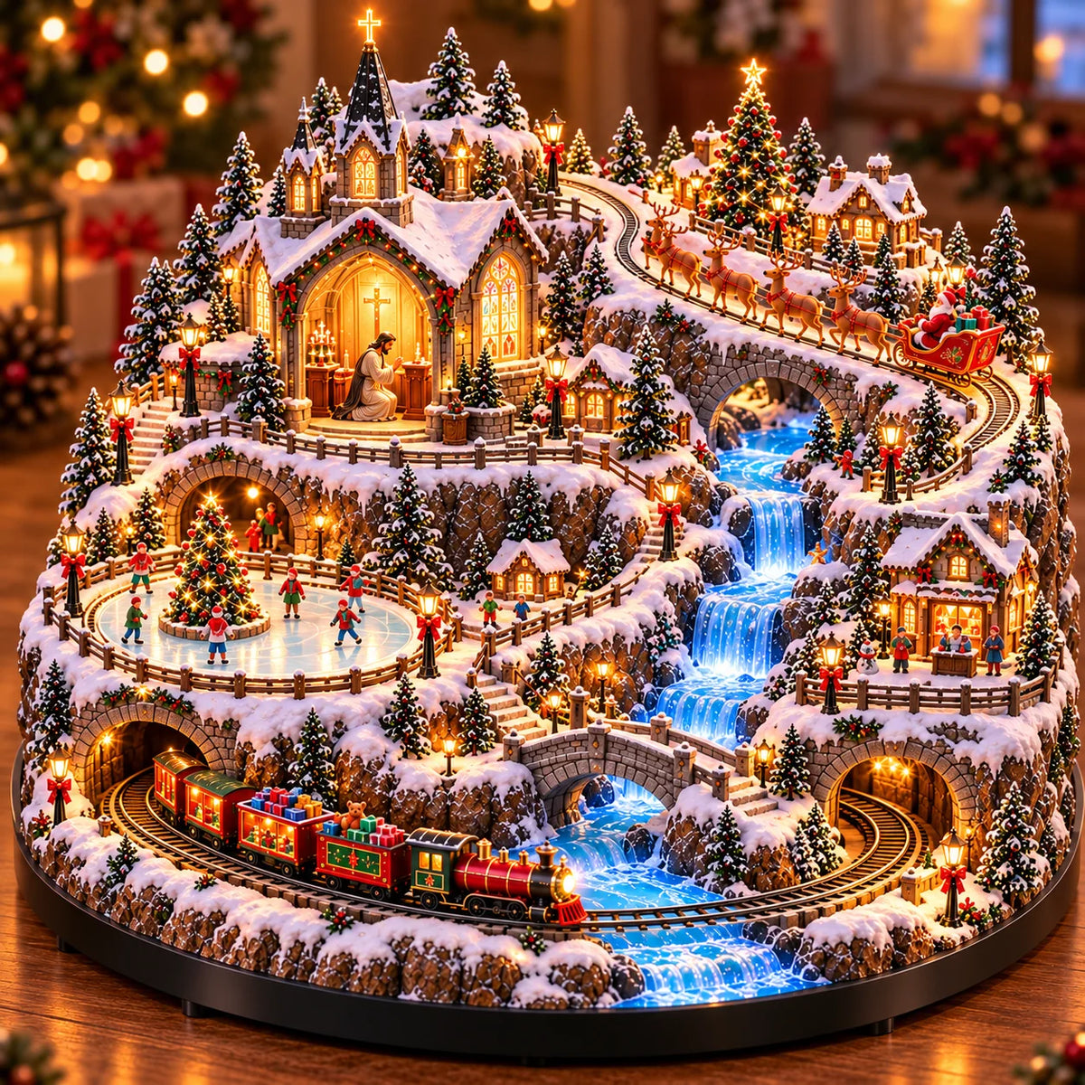 🔥 LAST DAY 49% OFF 🔥 Lighted Animated Christmas Village with Train, Reindeer Sleigh & Waterfall ✨
