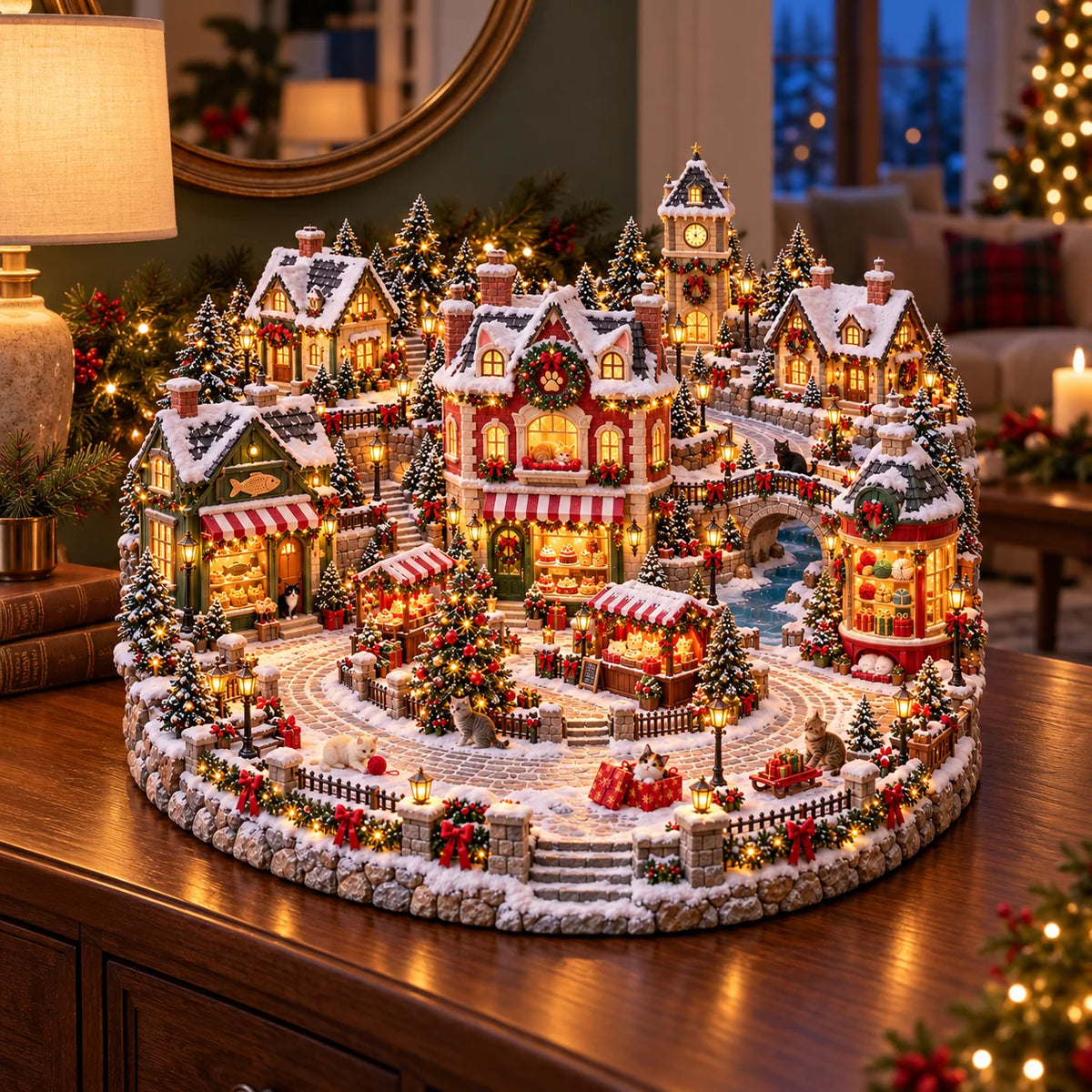 Christmas Cat Village 🐱🎄 – Lighted Cat Lover’s Holiday Scene 🐈✨