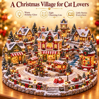 Christmas Cat Village 🐱🎄 – Lighted Cat Lover’s Holiday Scene 🐈✨
