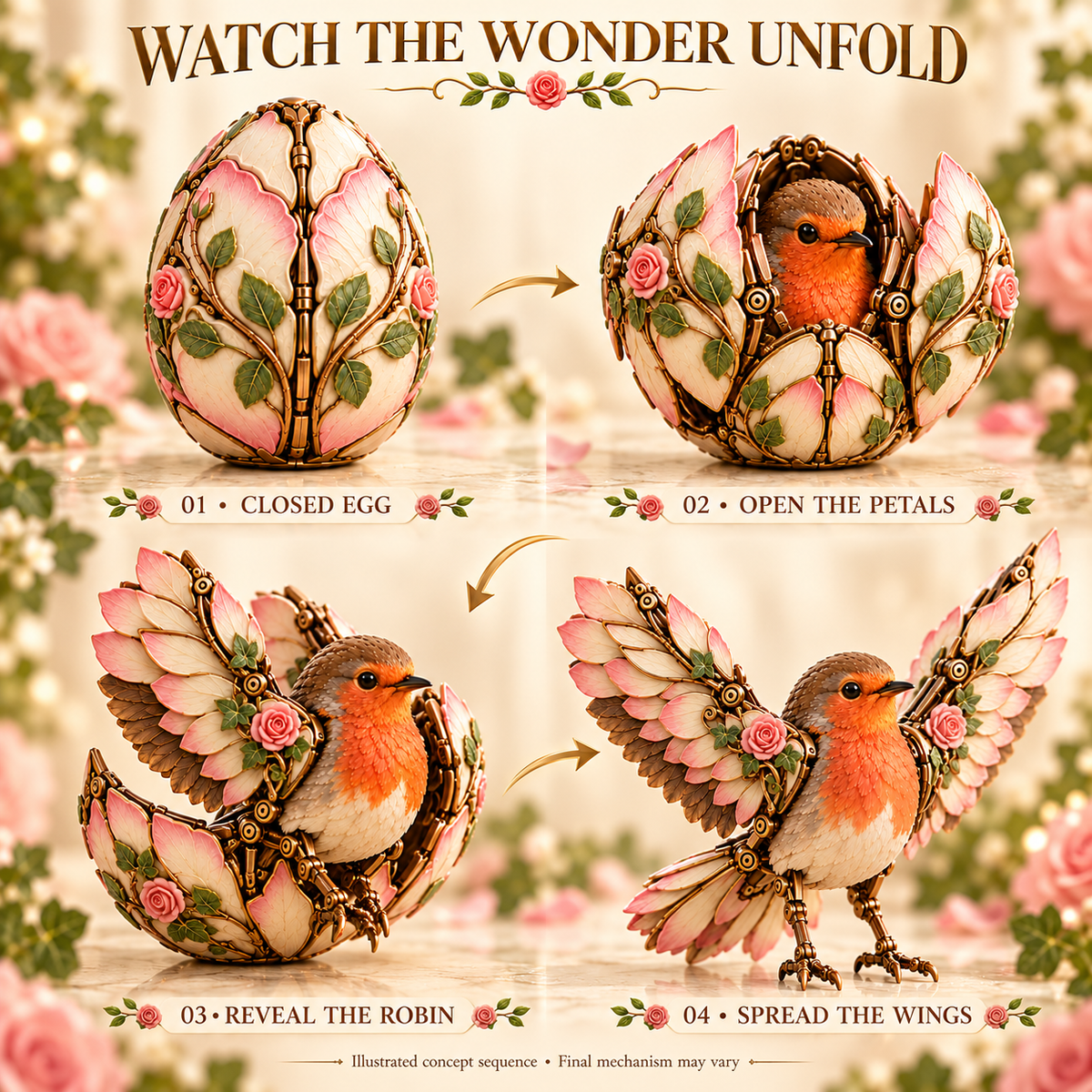 Rose egg to mechanical robin transformation sequence