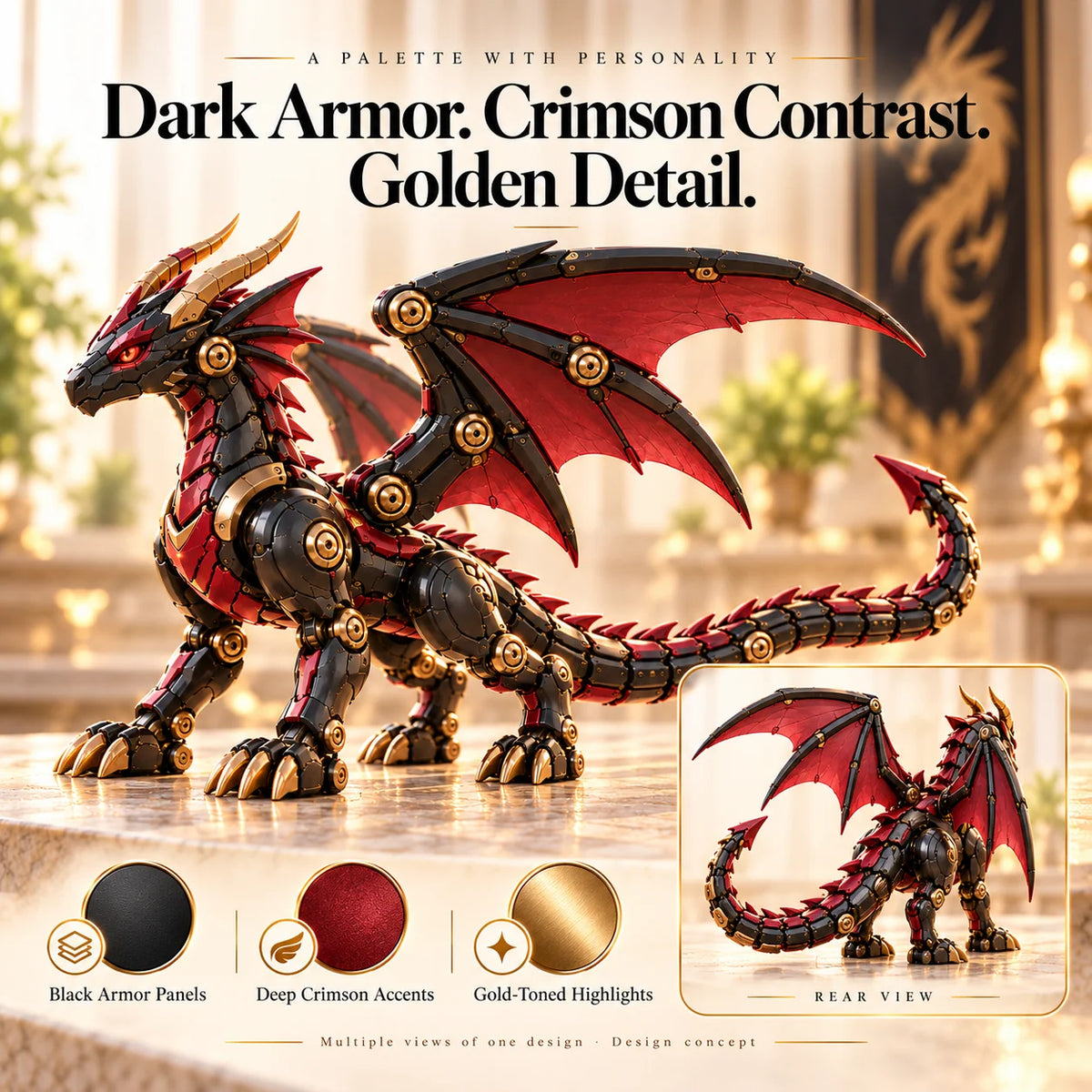 🐉 Mechanical Dragon Egg – Black & Crimson Dragon With Folding Wings & Armored Details