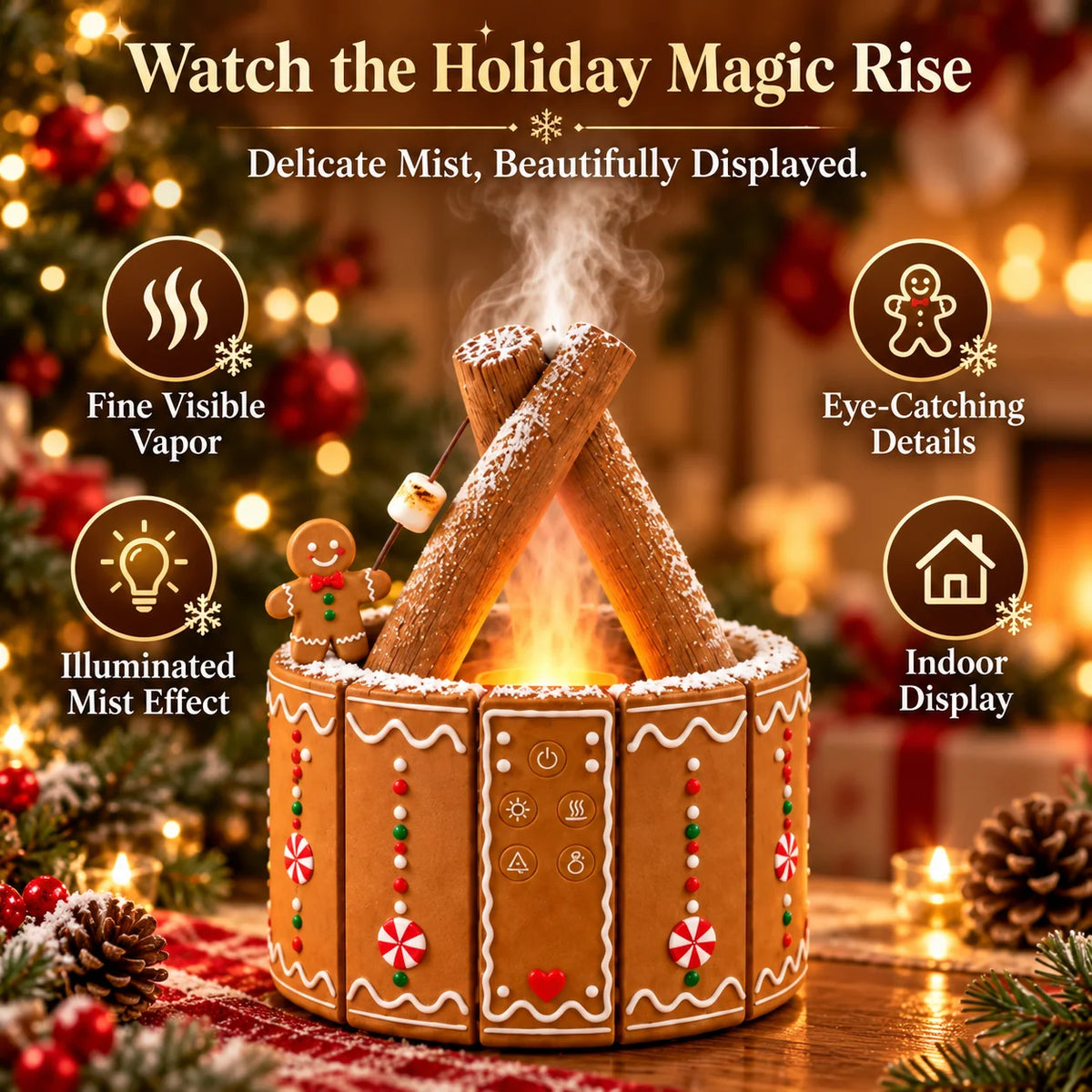 🎄 Christmas Campfire Aroma Diffuser – Cozy Flame-style Glow, Festive Mist & Adorable Santa/gingerbread Designs
