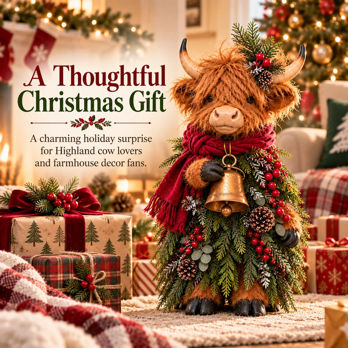 Christmas Highland Cow with Bell – Rustic Farmhouse Holiday Figurine with Evergreen Accents & Burgundy Scarf