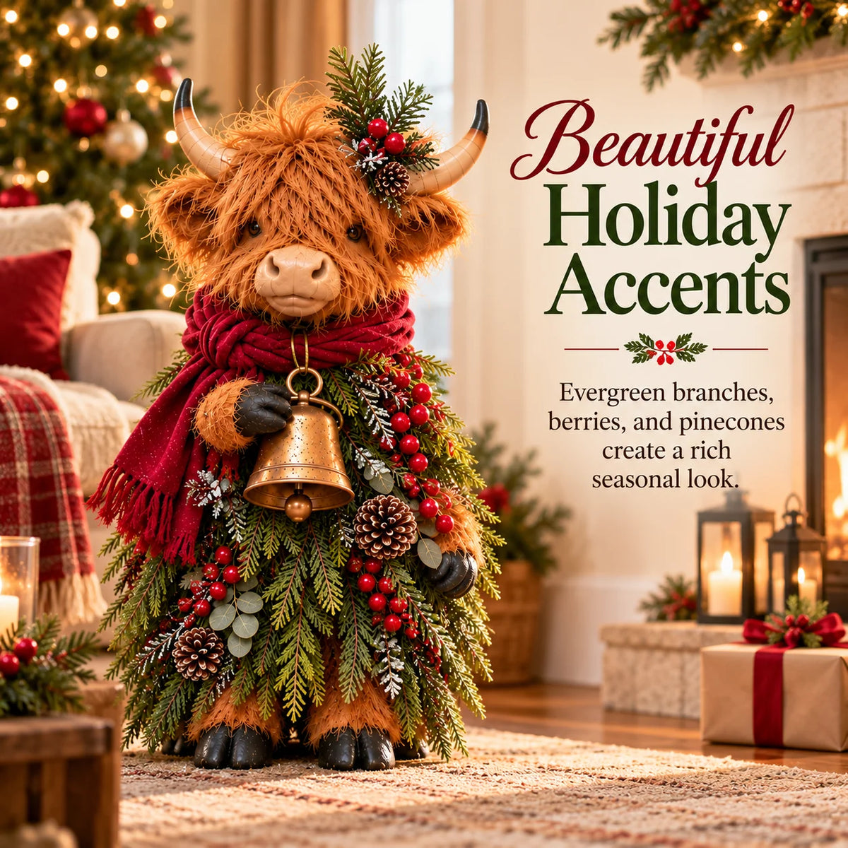 Christmas Highland Cow with Bell – Rustic Farmhouse Holiday Figurine with Evergreen Accents & Burgundy Scarf
