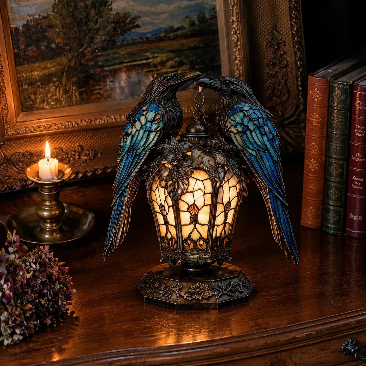 Gothic Raven Lantern – Stained-Glass-Inspired Accent Light