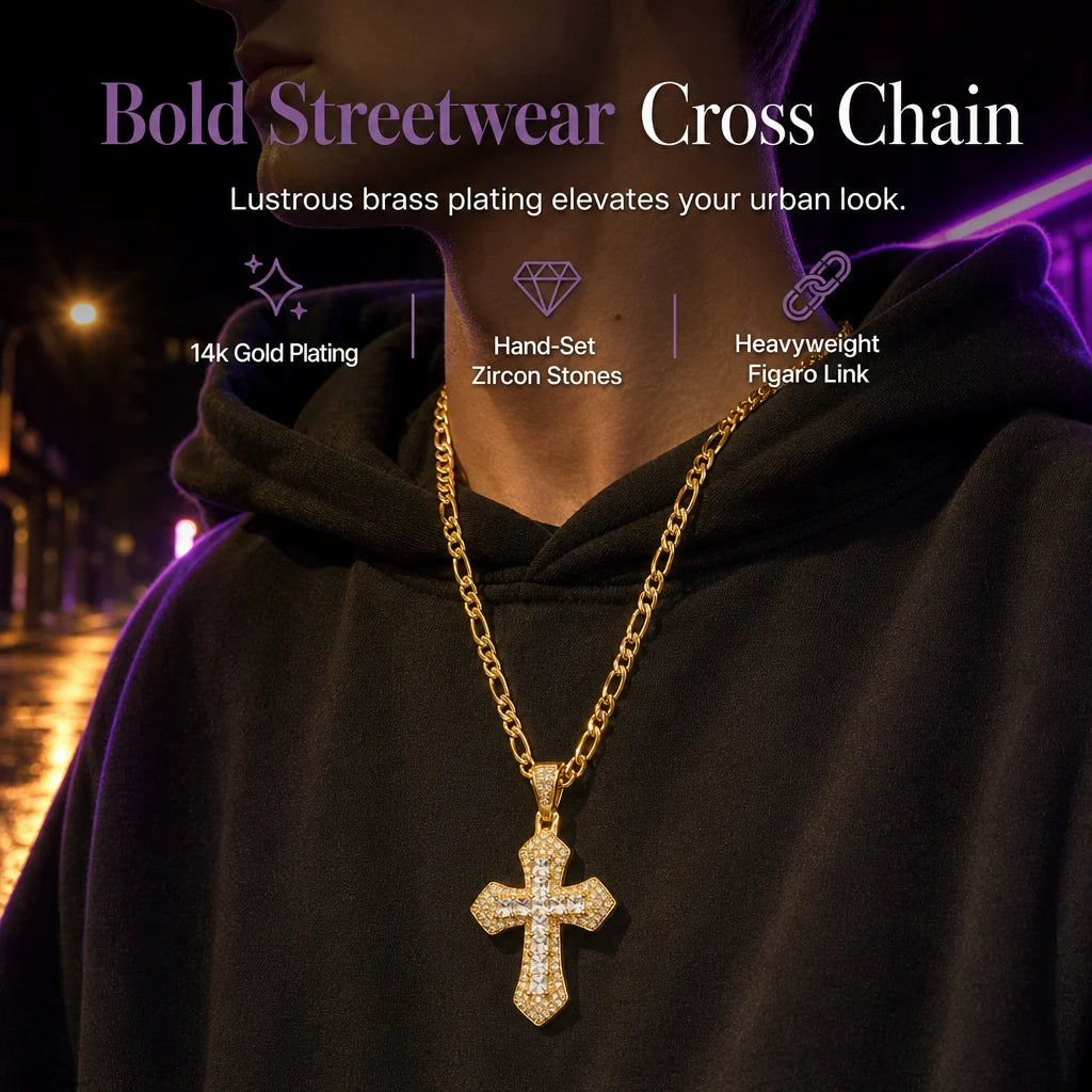 🎁new Arrivals 49% Off💥hip Hop Double Layer Baguette Rhinestone Cross Brass With Figaro Chain