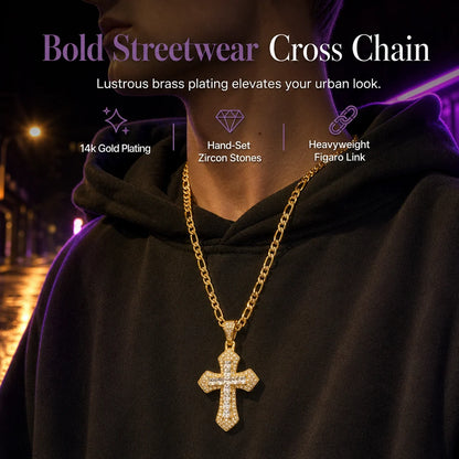🎁new Arrivals 49% Off💥hip Hop Double Layer Baguette Rhinestone Cross Brass With Figaro Chain