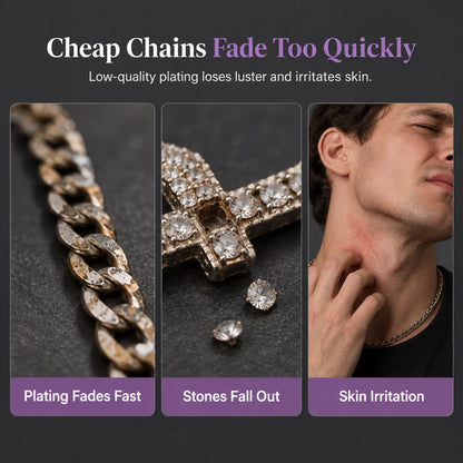 🎁new Arrivals 49% Off💥hip Hop Double Layer Baguette Rhinestone Cross Brass With Figaro Chain