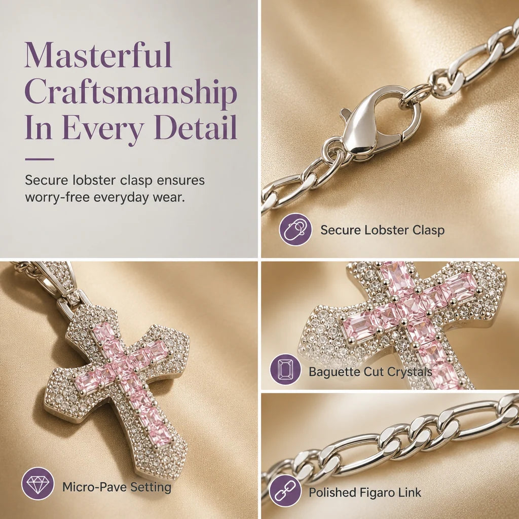 🎁new Arrivals 49% Off💥hip Hop Double Layer Baguette Rhinestone Cross Brass With Figaro Chain