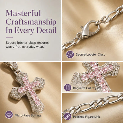 🎁new Arrivals 49% Off💥hip Hop Double Layer Baguette Rhinestone Cross Brass With Figaro Chain