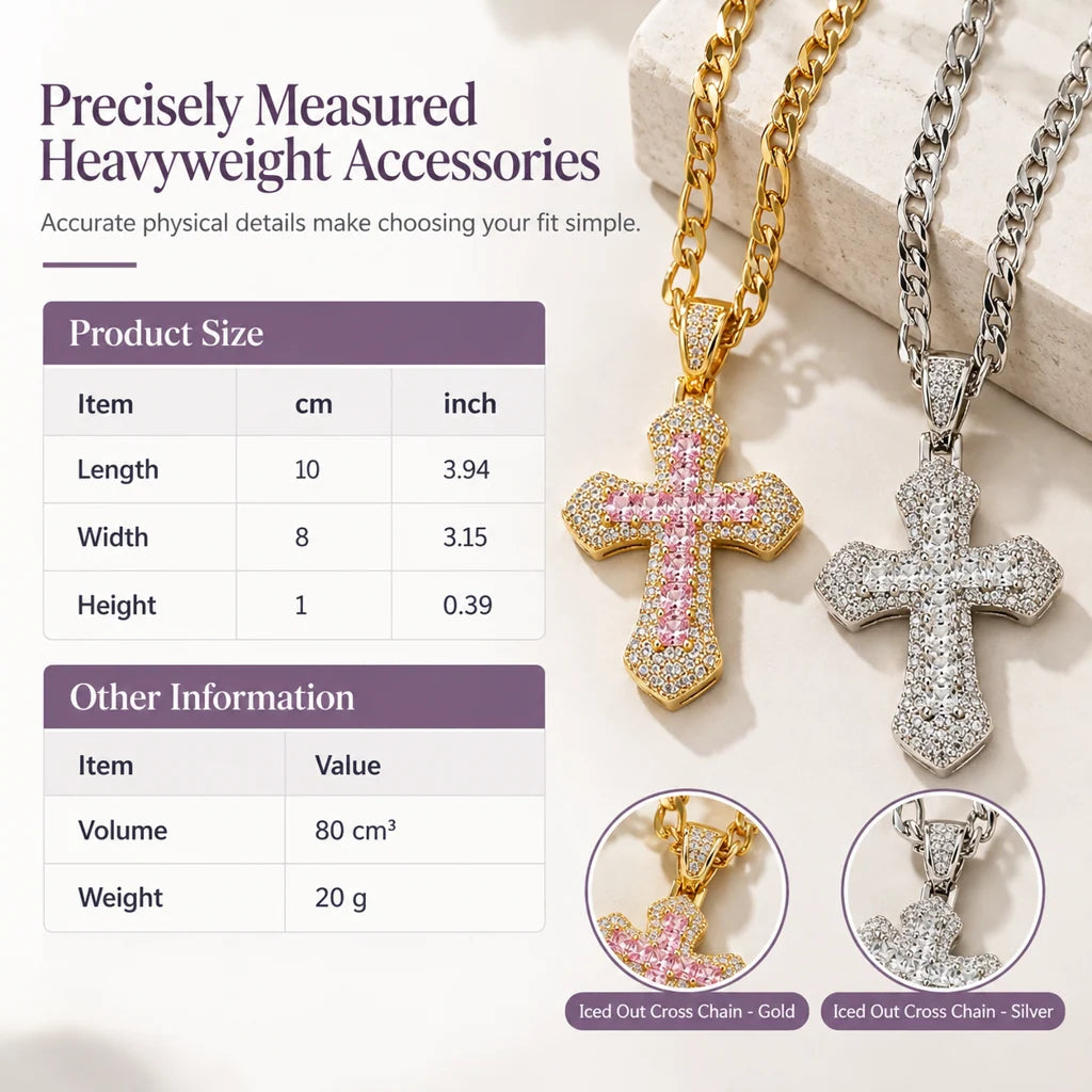 🎁new Arrivals 49% Off💥hip Hop Double Layer Baguette Rhinestone Cross Brass With Figaro Chain