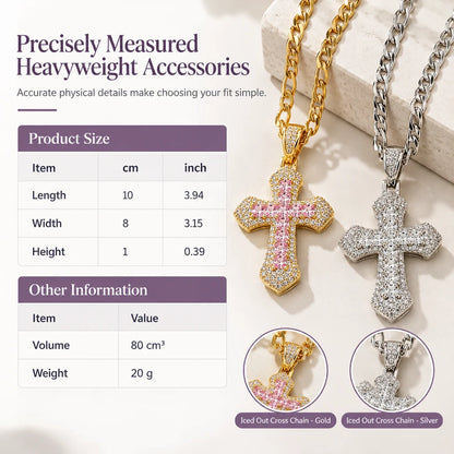 🎁new Arrivals 49% Off💥hip Hop Double Layer Baguette Rhinestone Cross Brass With Figaro Chain