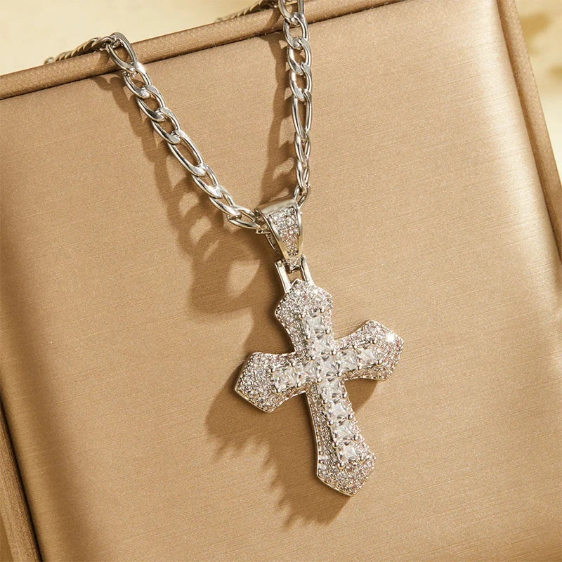 🎁new Arrivals 49% Off💥hip Hop Double Layer Baguette Rhinestone Cross Brass With Figaro Chain