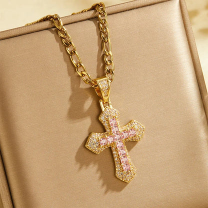 🎁new Arrivals 49% Off💥hip Hop Double Layer Baguette Rhinestone Cross Brass With Figaro Chain