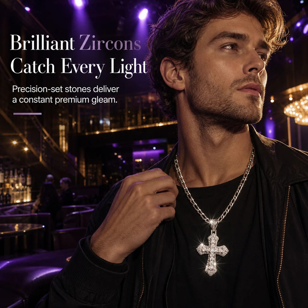🎁new Arrivals 49% Off💥hip Hop Double Layer Baguette Rhinestone Cross Brass With Figaro Chain