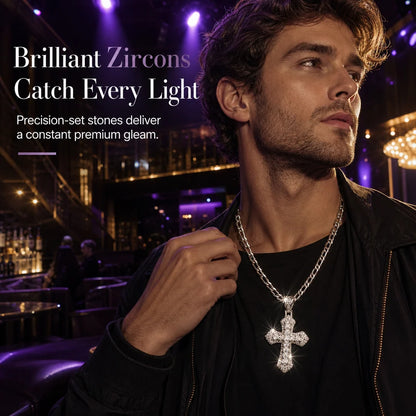 🎁new Arrivals 49% Off💥hip Hop Double Layer Baguette Rhinestone Cross Brass With Figaro Chain